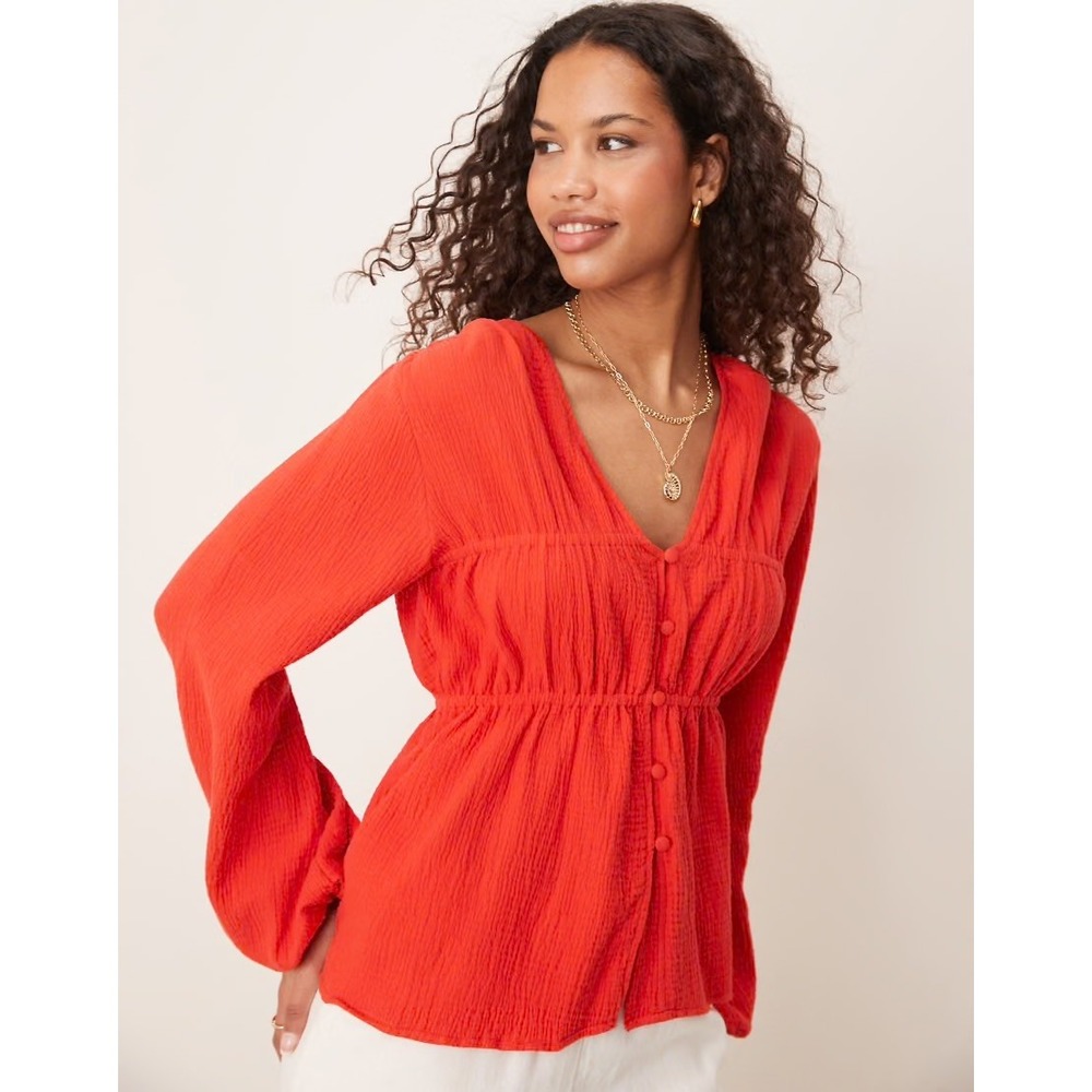 ASOS Design Red Gauzy Botton Front Long Sleeve Top Sz‎ 4